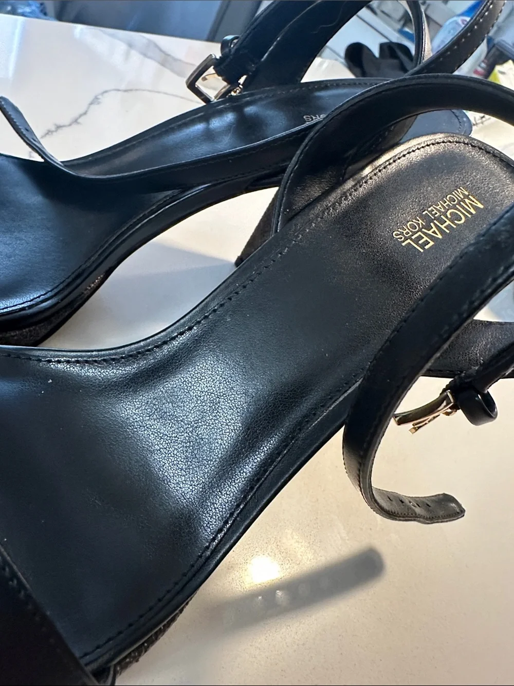 Michael Kors Black Leather Ankle-Strap Block Heels
